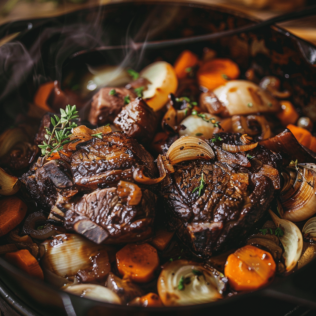 Best Ways to Make a Succulent Pot Roast: 5 Delicious Recipes 8 chuck roast browning in Dutch oven with vegetables and gravy base