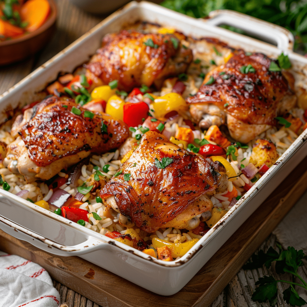 seasoned chicken thighs arranged over rice mixture in casserole dish