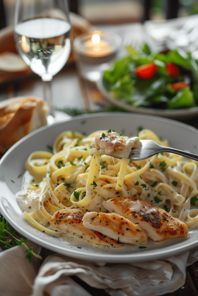 Best 10 Chicken Alfredo Recipes for a Delicious Dinner 9 chicken alfredo pasta served with garlic bread and salad