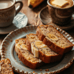 warm banana bread slices served with butter and coffee