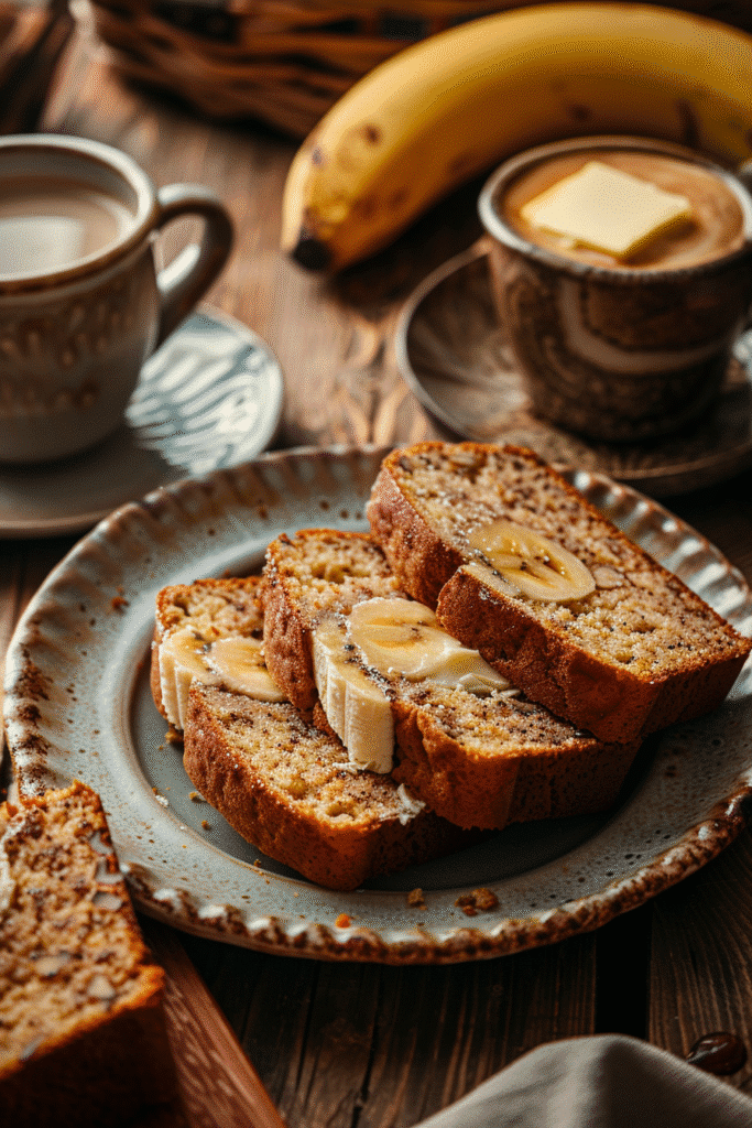 warm banana bread slices served with butter and coffee