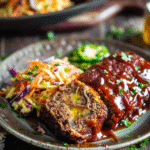 sliced BBQ meatloaf with creamy jalapeño filling served with slaw