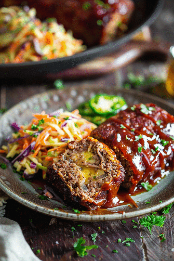 sliced BBQ meatloaf with creamy jalapeño filling served with slaw
