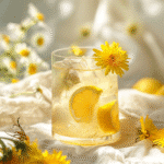 glass of dandelion lemonade with ice lemon slices and flowers