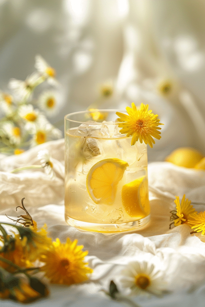 glass of dandelion lemonade with ice lemon slices and flowers