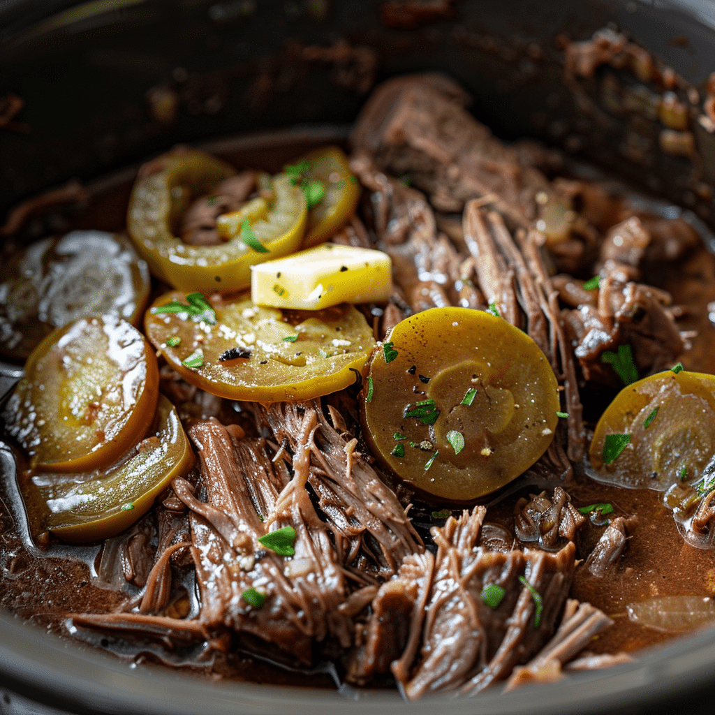 How to Make the Best Mississippi Pot Roast: A Step-by-Step Guide 8 shredded Mississippi pot roast cooking in crockpot with gravy and peppers