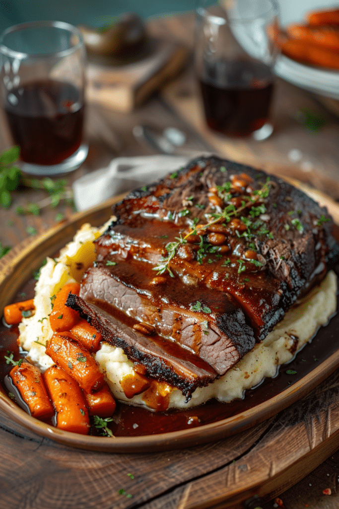 Best Beef Brisket Recipe: How to Perfectly Cook a Juicy Brisket Every Time 9 sliced beef brisket served with sauce carrots and mashed potatoes