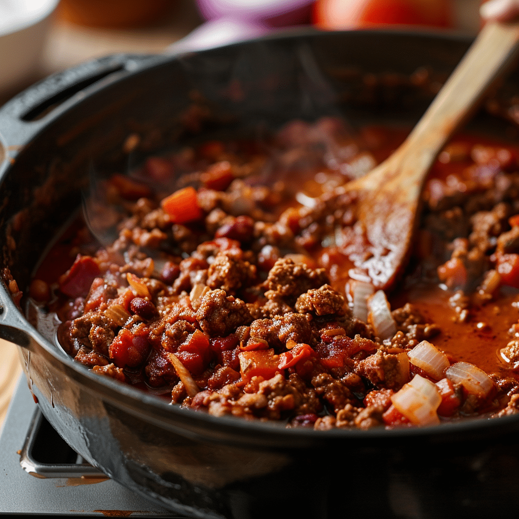 cooking ground beef chili in pot with spices and vegetables