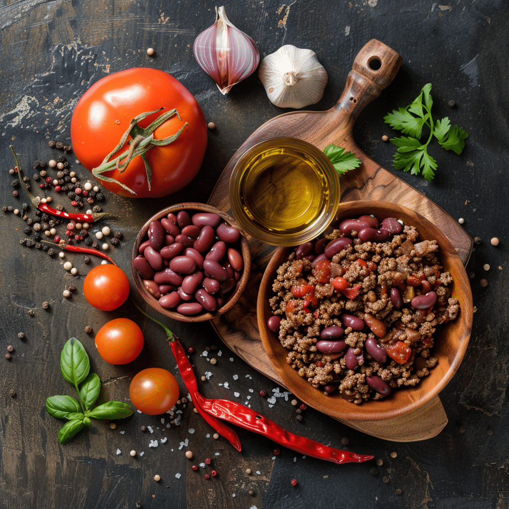 ingredients for homemade beef chili including ground beef beans tomatoes spices