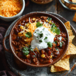 serving beef chili with cheese sour cream and tortilla chips