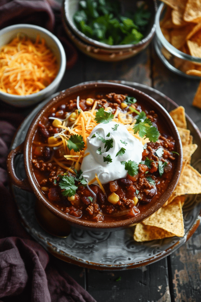 serving beef chili with cheese sour cream and tortilla chips