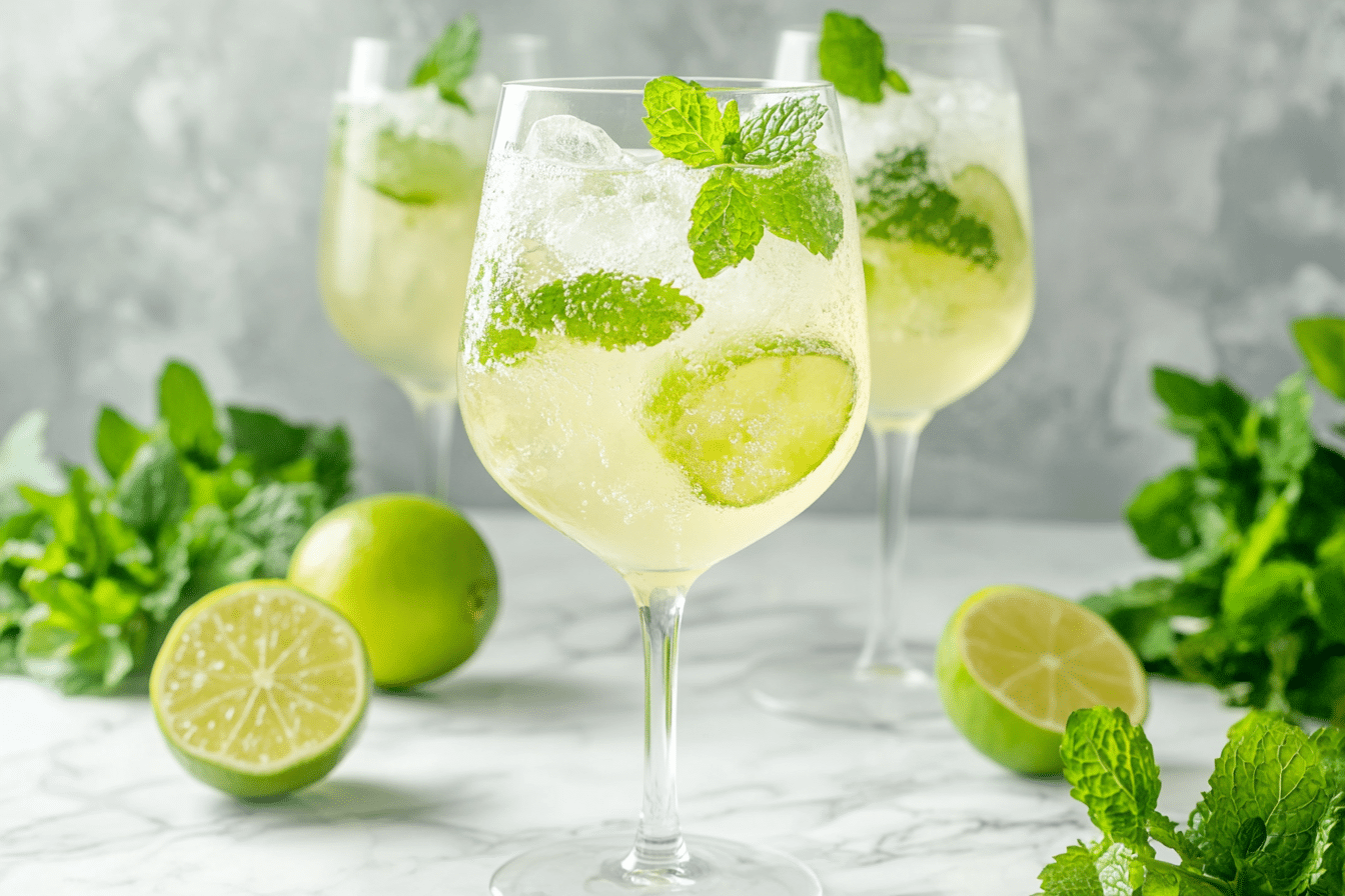 Hugo Spritz Recipe: How to Make the Best Summer Cocktail 5 Alcohol-free Hugo spritz mocktail with elderflower syrup, sparkling water, mint, lime, and ice.