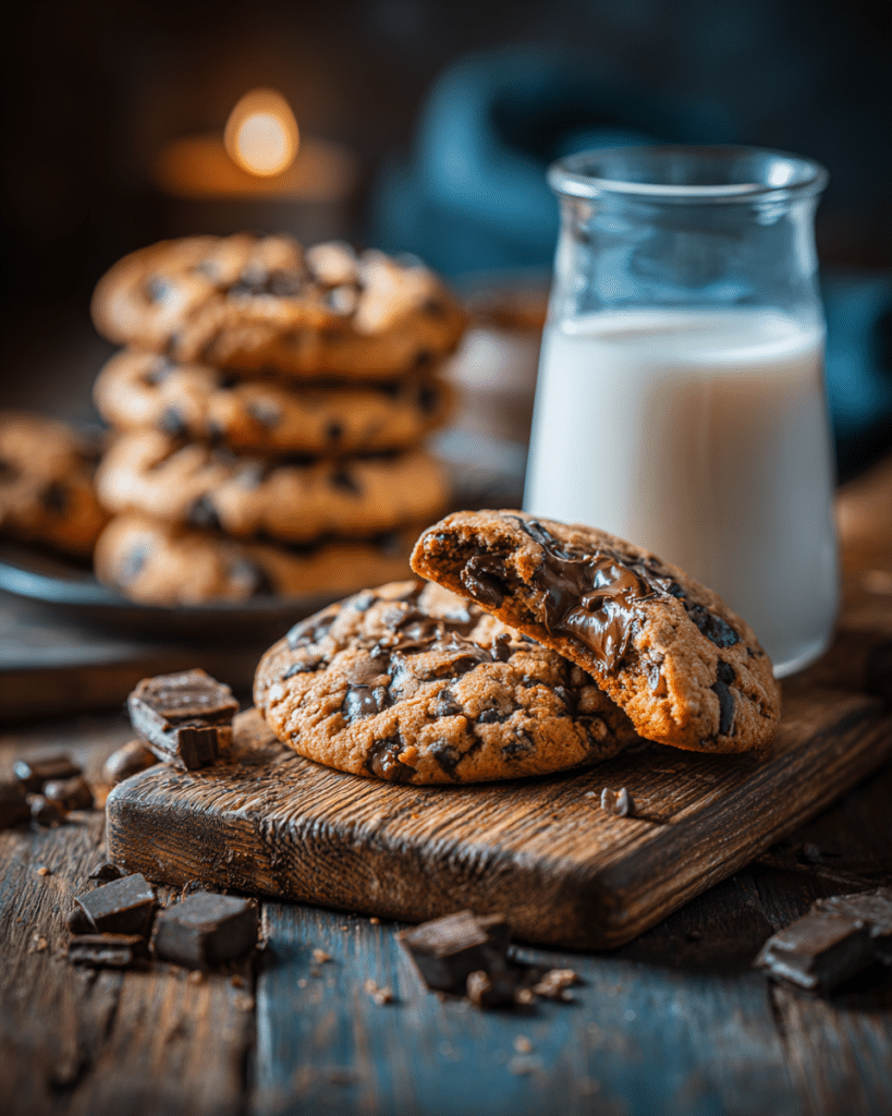 Fresh chocolate chip cookies served with milk showing gooey chocolate center.
