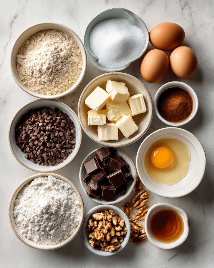 Measured ingredients for homemade chocolate chip cookies arranged on a kitchen counter.