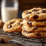 Stack of homemade chocolate chip cookies with crispy golden edges and soft chewy centers.