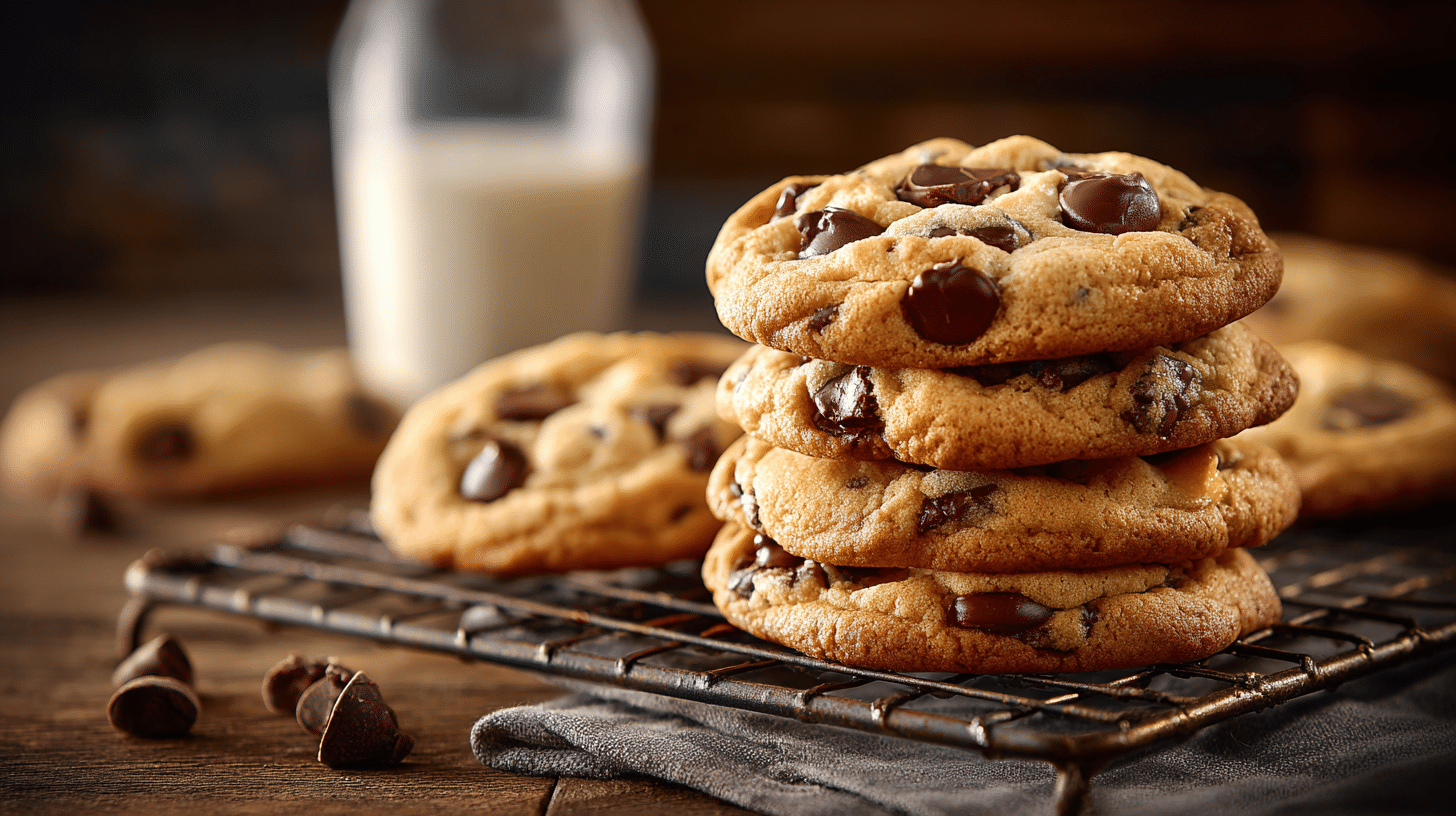 Stack of homemade chocolate chip cookies with crispy golden edges and soft chewy centers.
