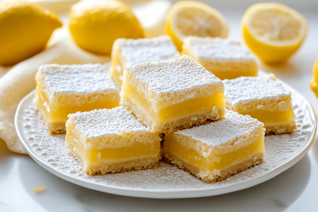 Classic lemon bars with a buttery shortbread crust, tangy lemon filling, and powdered sugar on top.