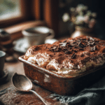Classic Italian tiramisu with mascarpone cream, espresso-soaked ladyfingers, and cocoa powder.