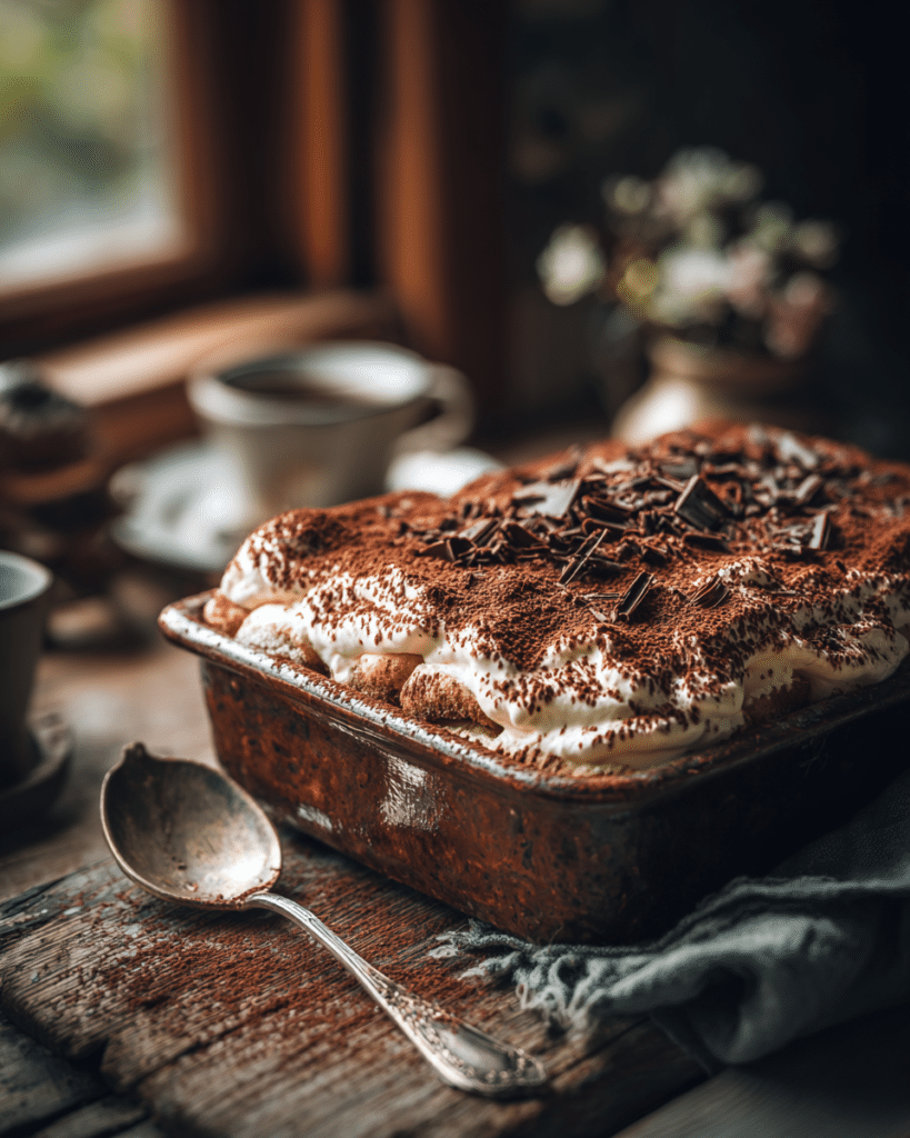 Classic Italian tiramisu with mascarpone cream, espresso-soaked ladyfingers, and cocoa powder.