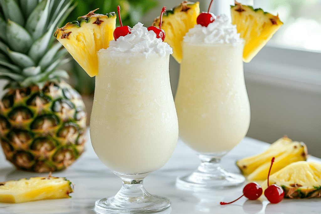 Creamy pina colada mocktail served in tall glasses with pineapple wedges, cherries, and whipped coconut cream.