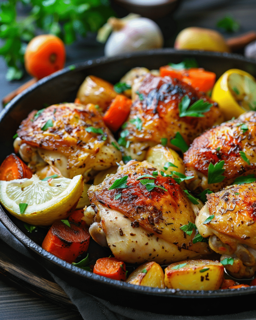 Best Chicken Thighs Recipes: 10 Delicious Ways to Cook Them 9 Crispy baked chicken thighs served with roasted vegetables and lemon wedges.