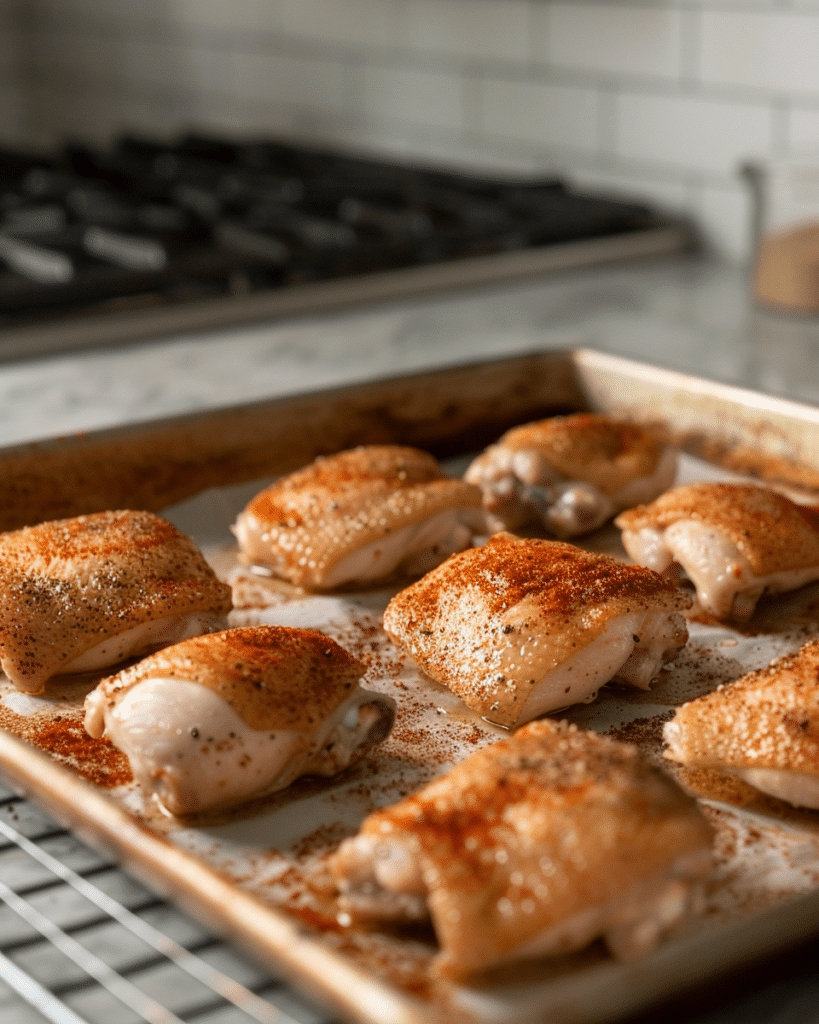 Best Chicken Thighs Recipes: 10 Delicious Ways to Cook Them 8 Seasoned chicken thighs arranged on a sheet pan before baking.