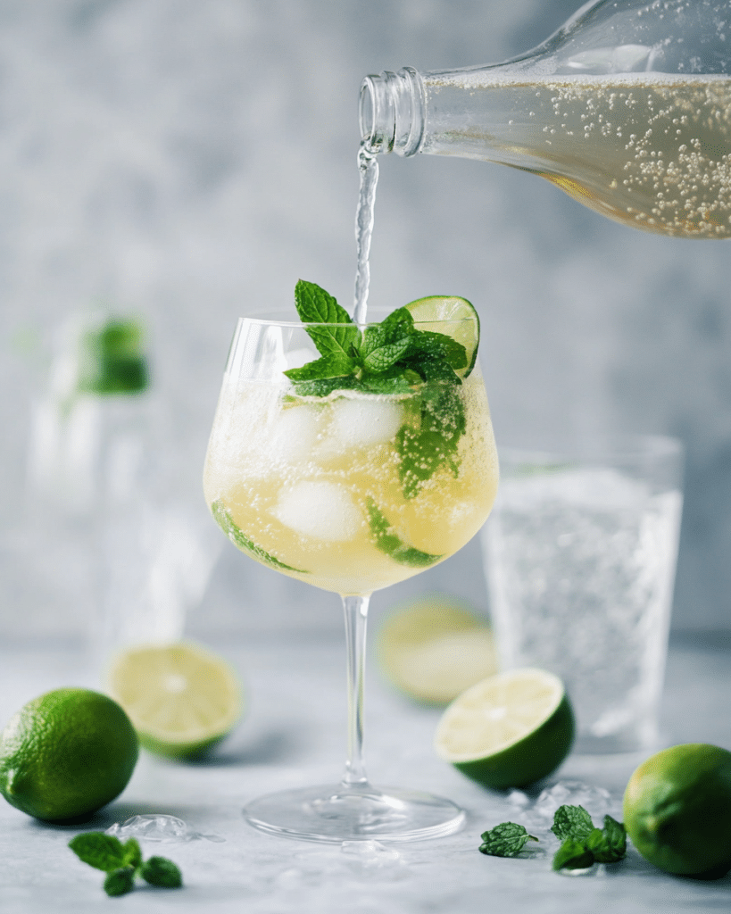 Hugo Spritz Recipe: How to Make the Best Summer Cocktail 8 Elderflower syrup being poured into a glass with ice, mint, and lime for a Hugo spritz mocktail.