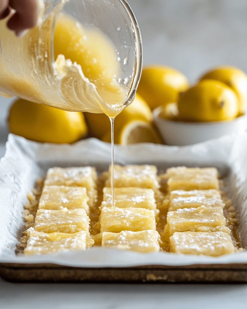 Best Lemon Bars Recipe: How to Make Delicious Lemon Bars at Home 8 Lemon filling being poured over a baked shortbread crust in a parchment-lined pan.