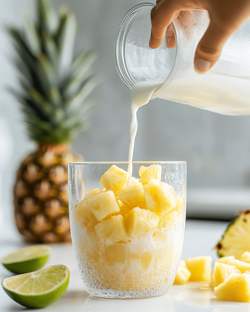 How to Make the Best Pina Colada Mocktail: A Refreshing Recipe for Summer Fun 8 Frozen pineapple, coconut milk, pineapple juice, lime, and ice added to a blender for pina colada mocktail.