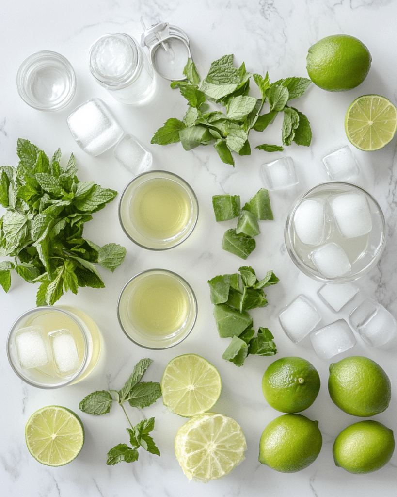 Hugo Spritz Recipe: How to Make the Best Summer Cocktail 7 Hugo spritz mocktail ingredients including elderflower syrup, sparkling water, mint, lime, and ice.