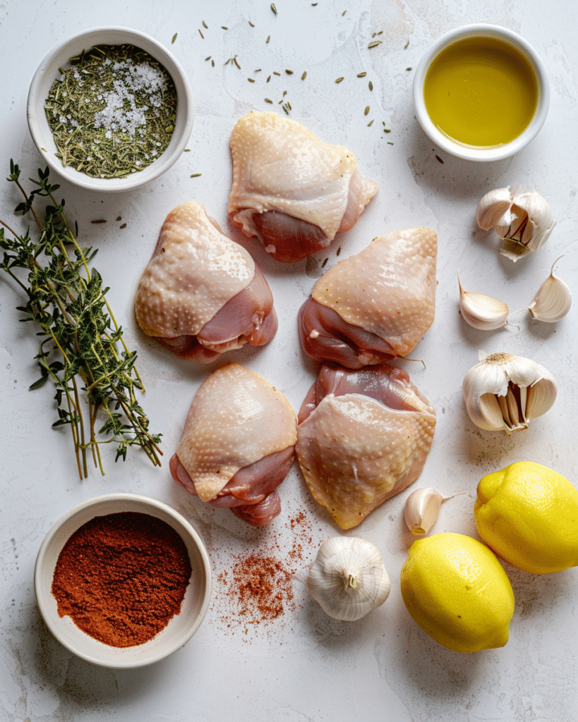 Best Chicken Thighs Recipes: 10 Delicious Ways to Cook Them 7 Ingredients for baked chicken thighs including raw chicken, olive oil, spices, lemon, and herbs.