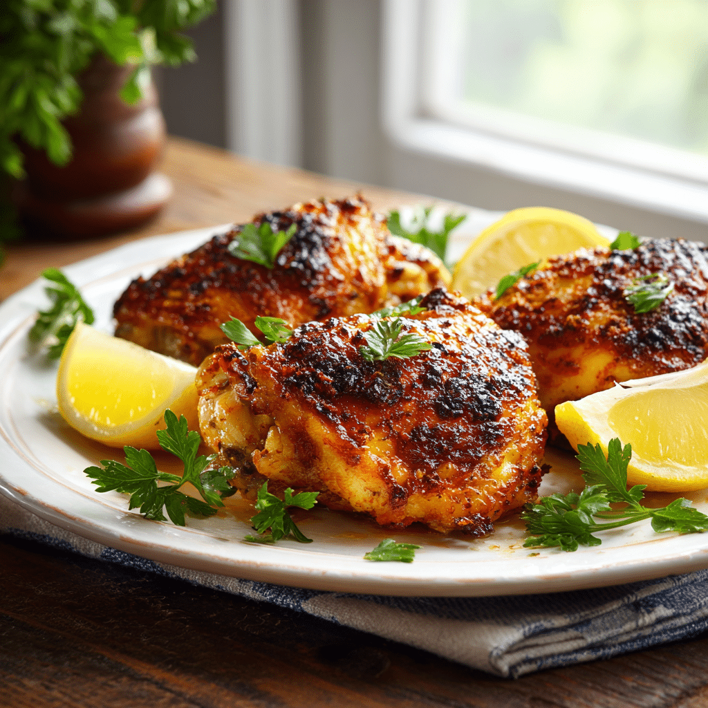 Crispy baked chicken thighs with lemon wedges and fresh parsley on a white serving platter.