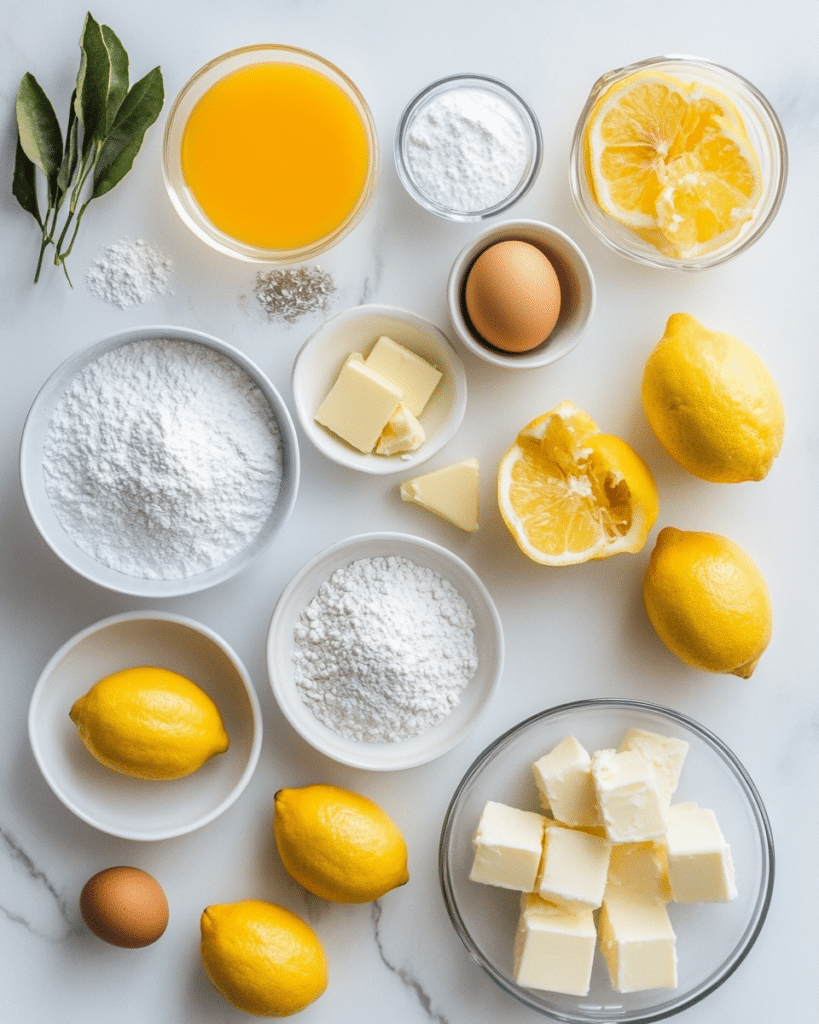 Best Lemon Bars Recipe: How to Make Delicious Lemon Bars at Home 7 Ingredients for lemon bars including fresh lemons, eggs, flour, sugar, melted butter, and powdered sugar.