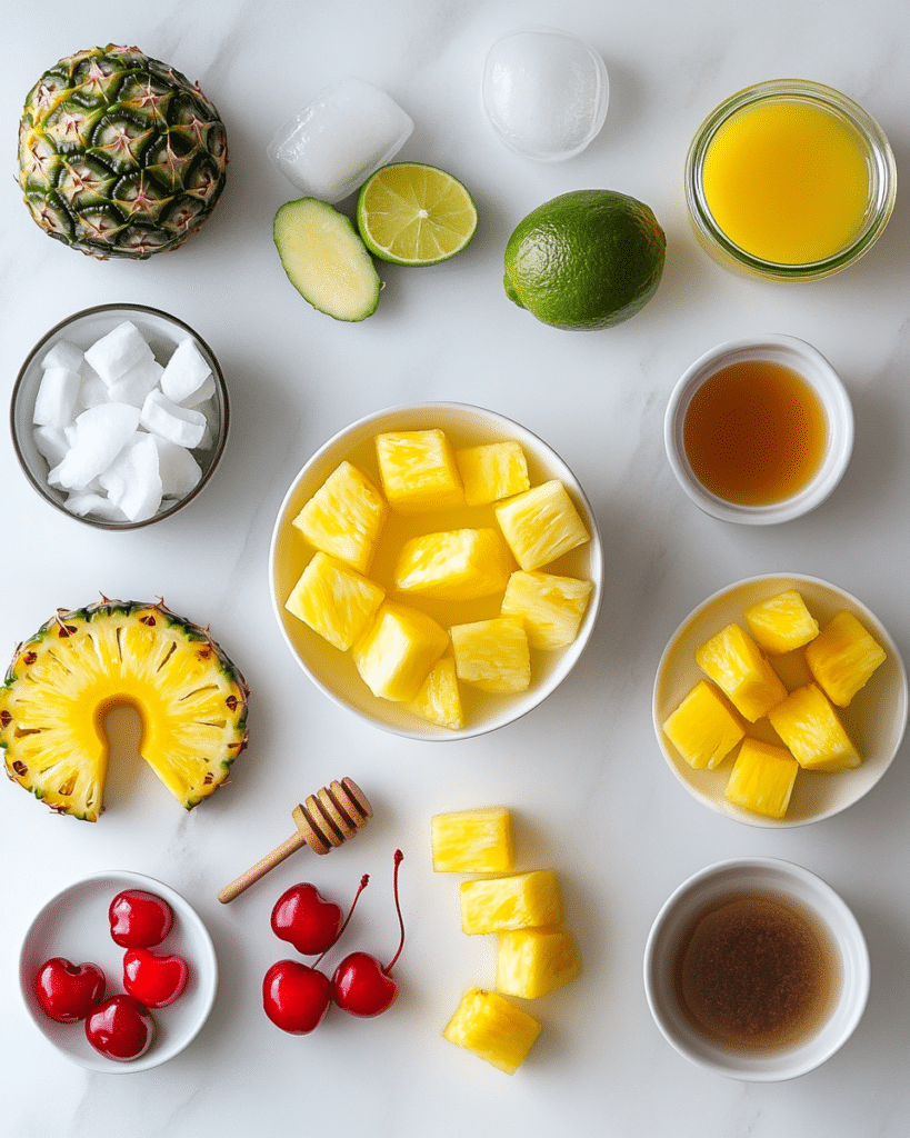 How to Make the Best Pina Colada Mocktail: A Refreshing Recipe for Summer Fun 7 Pina colada mocktail ingredients including frozen pineapple, coconut milk, pineapple juice, lime, sweetener, and ice.