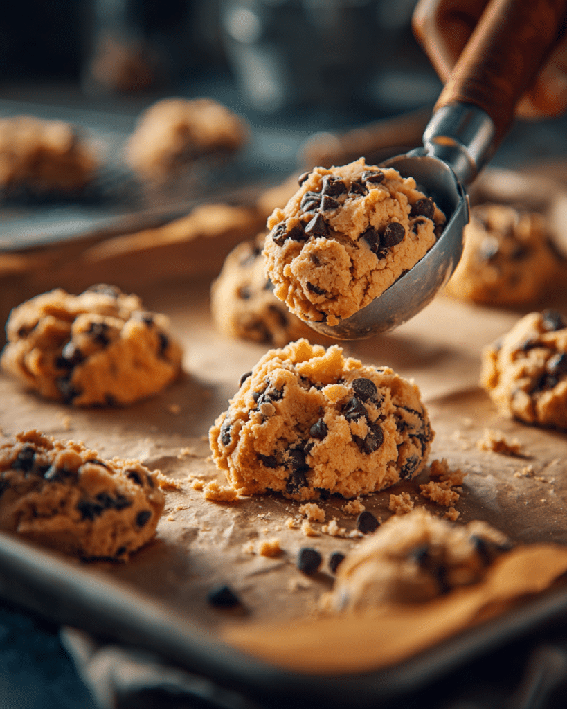 Chocolate chip cookie dough being scooped onto a baking sheet before baking.