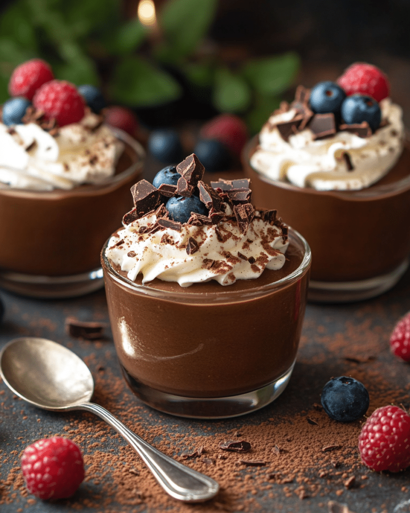 Best Chocolate Mousse Recipe: How to Make Decadent Chocolate Mousse at Home 9 Served chocolate mousse topped with whipped cream, berries, shaved chocolate, and cocoa powder.