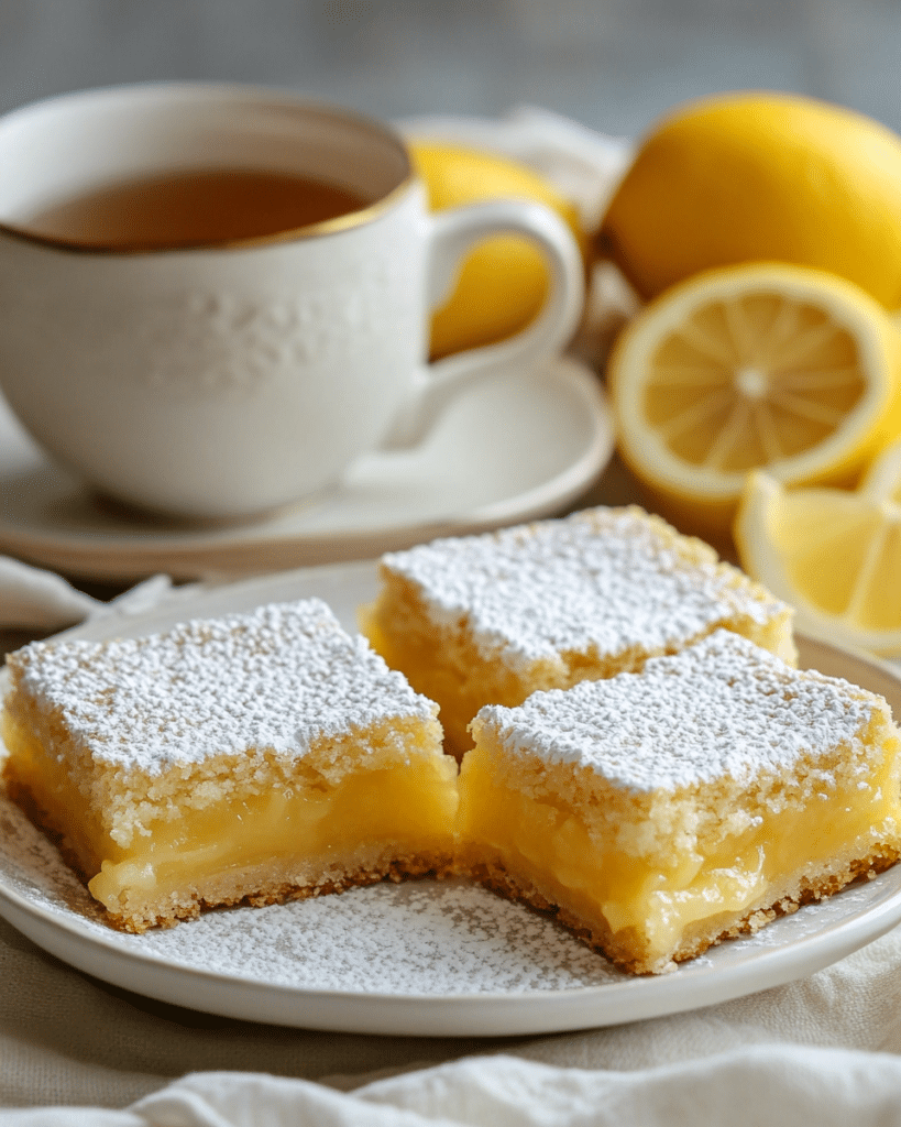 Best Lemon Bars Recipe: How to Make Delicious Lemon Bars at Home 9 Served lemon bars with powdered sugar, fresh lemon slices, and a cup of tea.