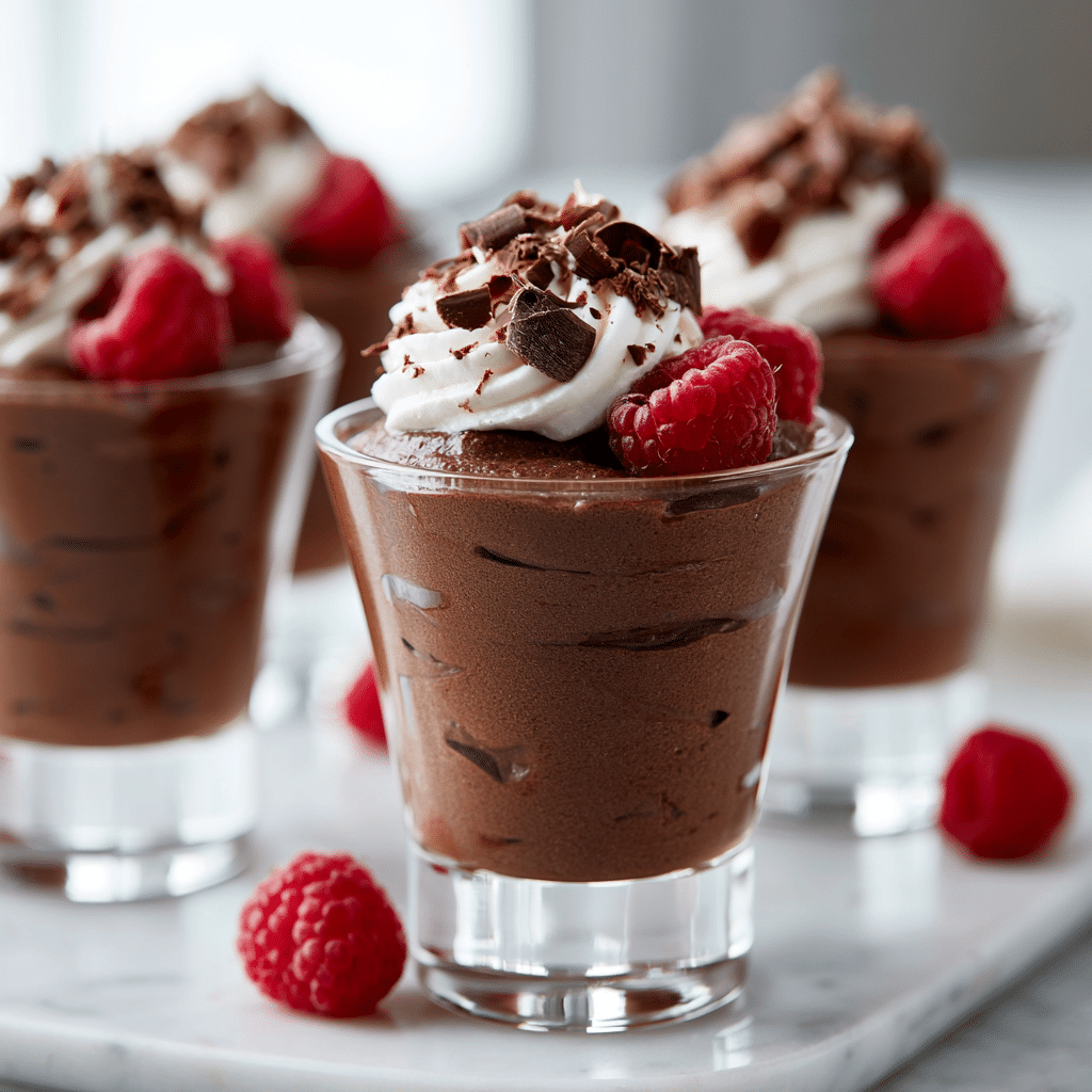 Silky homemade chocolate mousse served in glass cups with whipped cream, shaved chocolate, and raspberries.