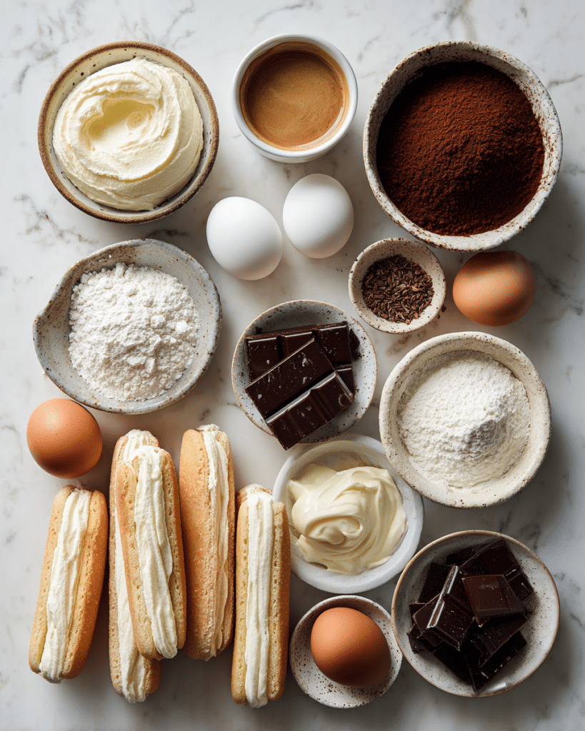How to Make the Best Tiramisu: A Step-by-Step Guide with Secret Tips 7 Ingredients needed for homemade tiramisu including mascarpone, espresso, ladyfingers, and cocoa.