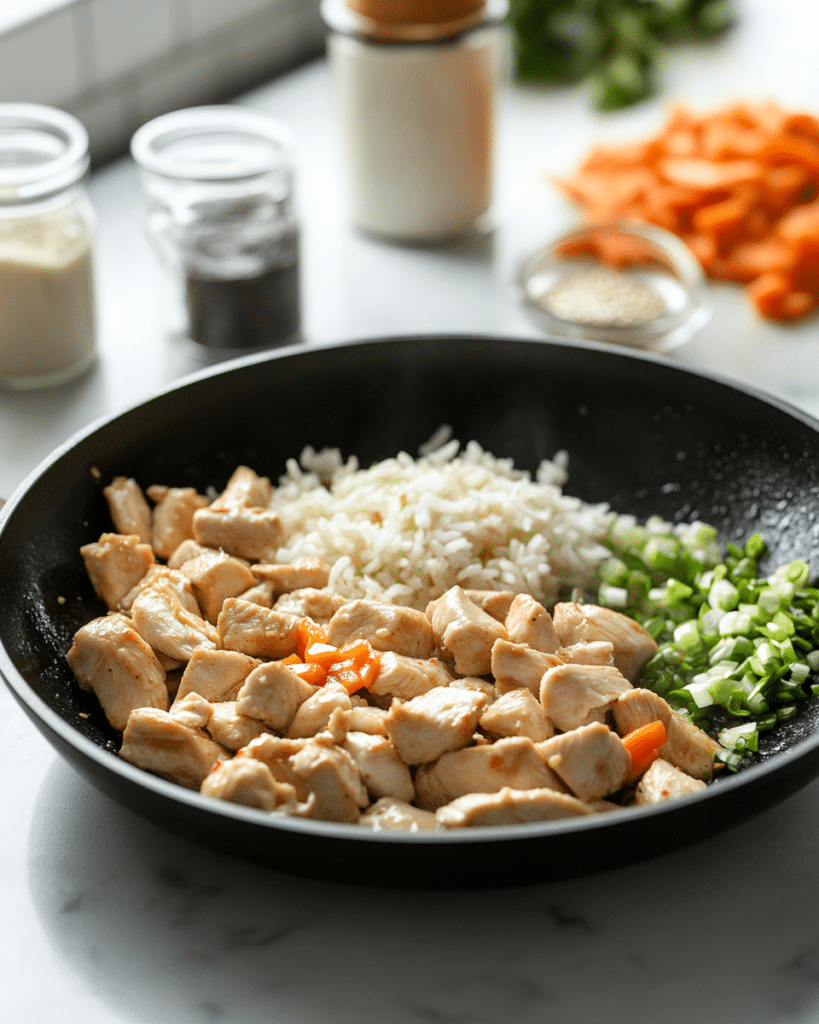 The Best Chicken Rice Bowl Recipe for a Delicious Meal at Home 8 Chicken pieces searing in a skillet with rice, vegetables, and soy garlic sauce ingredients ready for a chicken rice bowl.