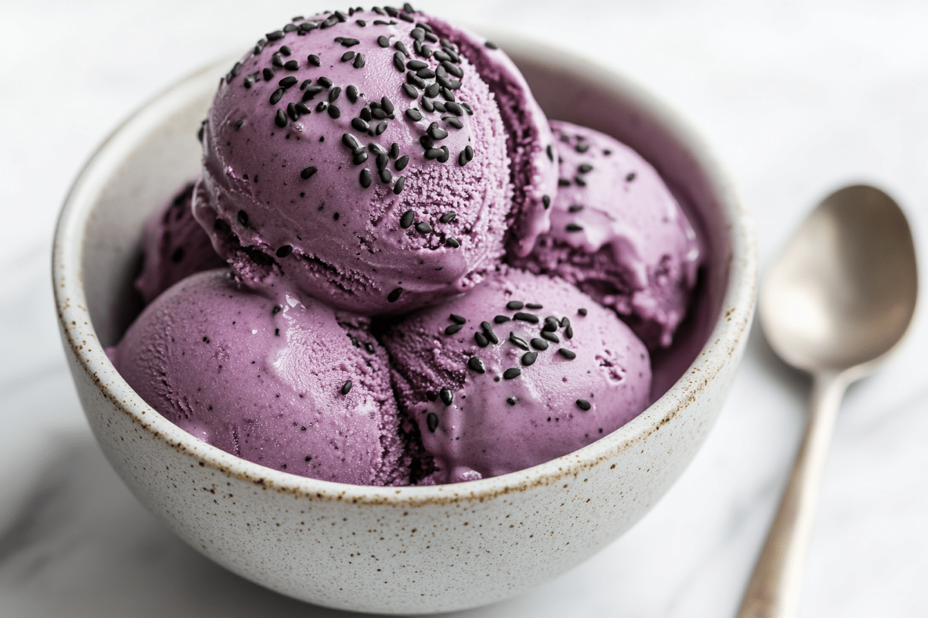 Black Sesame Ice Cream: How to Make the Best Dairy-Free Dessert 5 Creamy black sesame ice cream scoops topped with toasted black sesame seeds in a ceramic bowl.