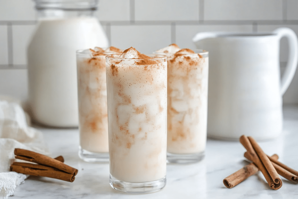 Creamy homemade horchata served over ice with cinnamon sticks and a dusting of ground cinnamon.