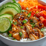 Chicken rice bowl with juicy soy garlic chicken, fluffy rice, avocado, cucumber, carrots, bell pepper, herbs, and lime.