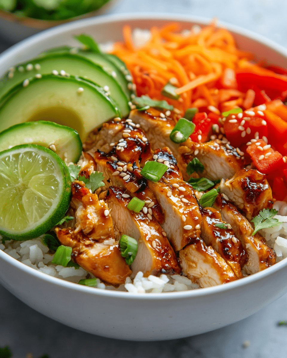 The Best Chicken Rice Bowl Recipe for a Delicious Meal at Home 5 Chicken rice bowl with juicy soy garlic chicken, fluffy rice, avocado, cucumber, carrots, bell pepper, herbs, and lime.