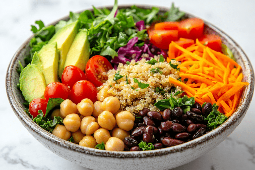 High fiber salad with quinoa, chickpeas, black beans, kale, avocado, crunchy vegetables, and lemon garlic dressing.