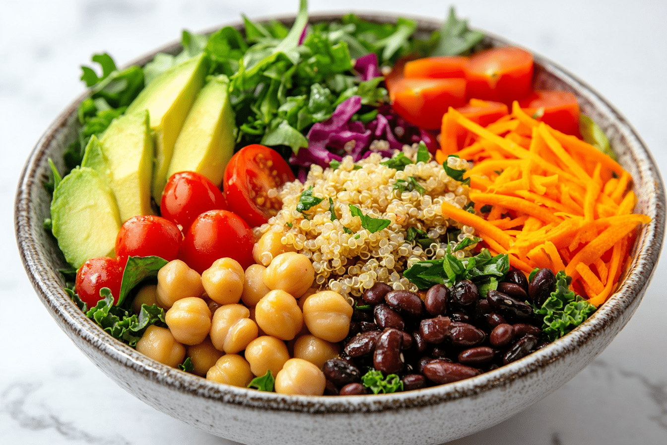 Best High Fiber Salad Recipe: 5 Delicious Ways to Boost Your Fiber Intake 5 High fiber salad with quinoa, chickpeas, black beans, kale, avocado, crunchy vegetables, and lemon garlic dressing.