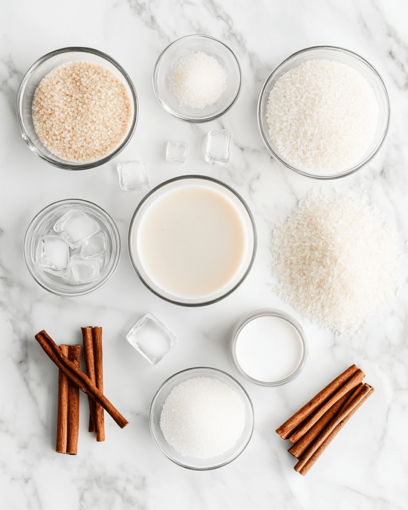 Homemade Horchata Recipe: How to Make the Best Horchata at Home 7 Homemade horchata ingredients including white rice, cinnamon sticks, milk, condensed milk, sugar, vanilla, and ice.