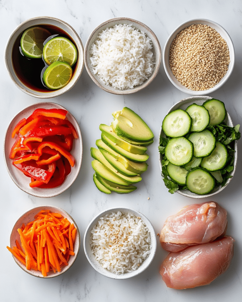 The Best Chicken Rice Bowl Recipe for a Delicious Meal at Home 7 Chicken rice bowl ingredients including chicken, rice, soy sauce, garlic, ginger, vegetables, avocado, lime, and sesame seeds.