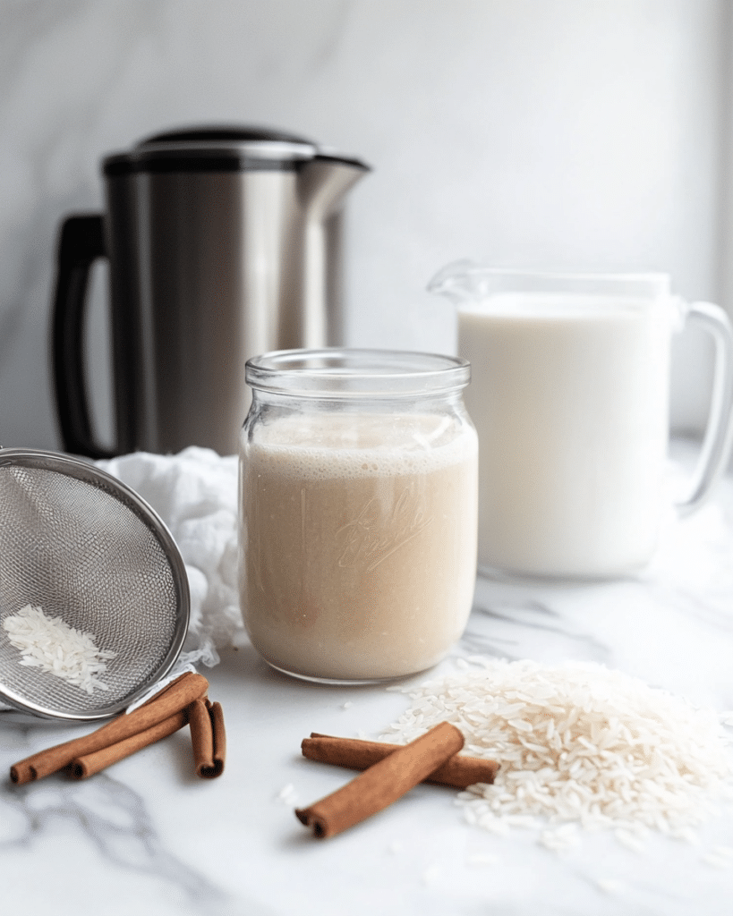 Homemade Horchata Recipe: How to Make the Best Horchata at Home 8 Soaked rice and cinnamon being blended and strained through cheesecloth for homemade horchata.