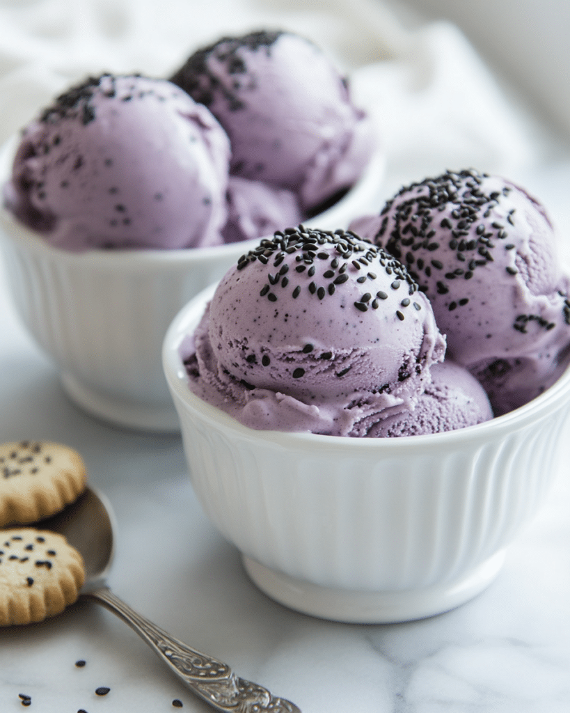 Black Sesame Ice Cream: How to Make the Best Dairy-Free Dessert 9 Served black sesame ice cream scoops with toasted sesame seeds in small dessert bowls.